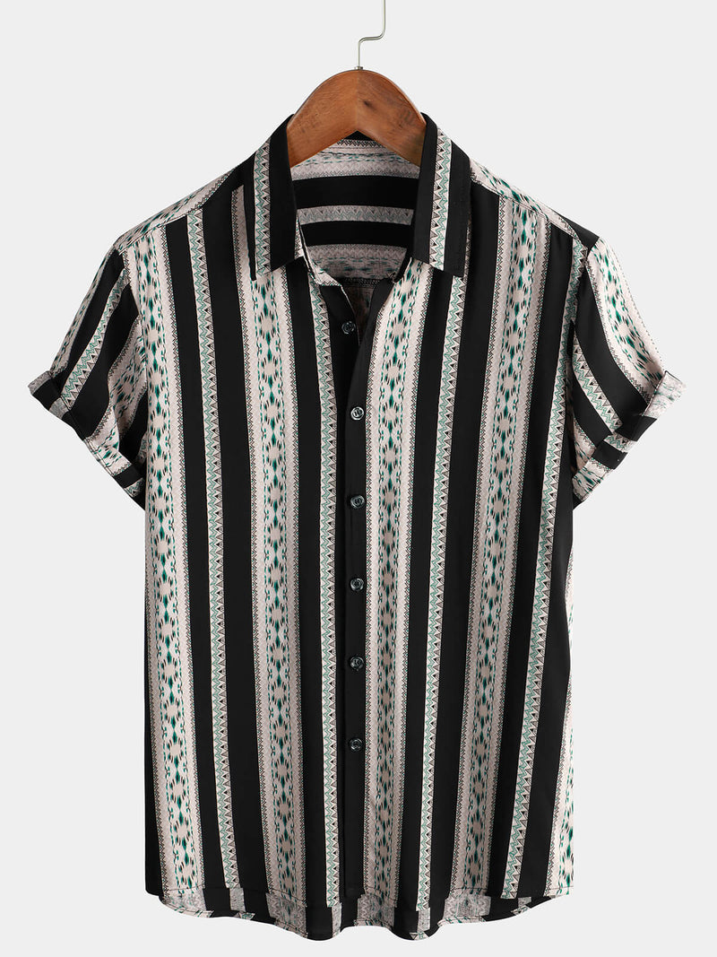 Men's Vintage Black Striped Short Sleeve 70s Aztec Print Western Button Up Shirt