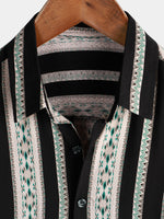 Men's Vintage Black Striped Short Sleeve 70s Aztec Print Western Button Up Shirt