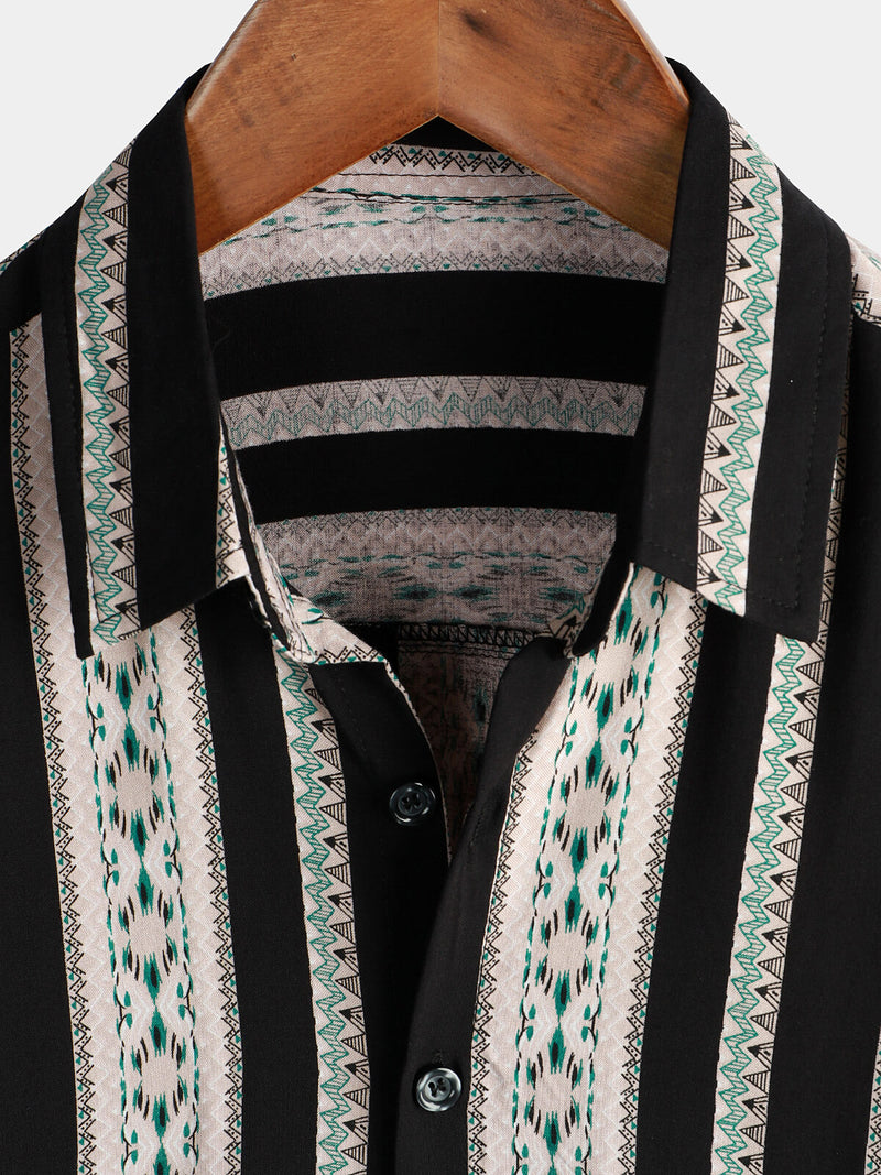 Men's Vintage Black Striped Short Sleeve 70s Aztec Print Western Button Up Shirt