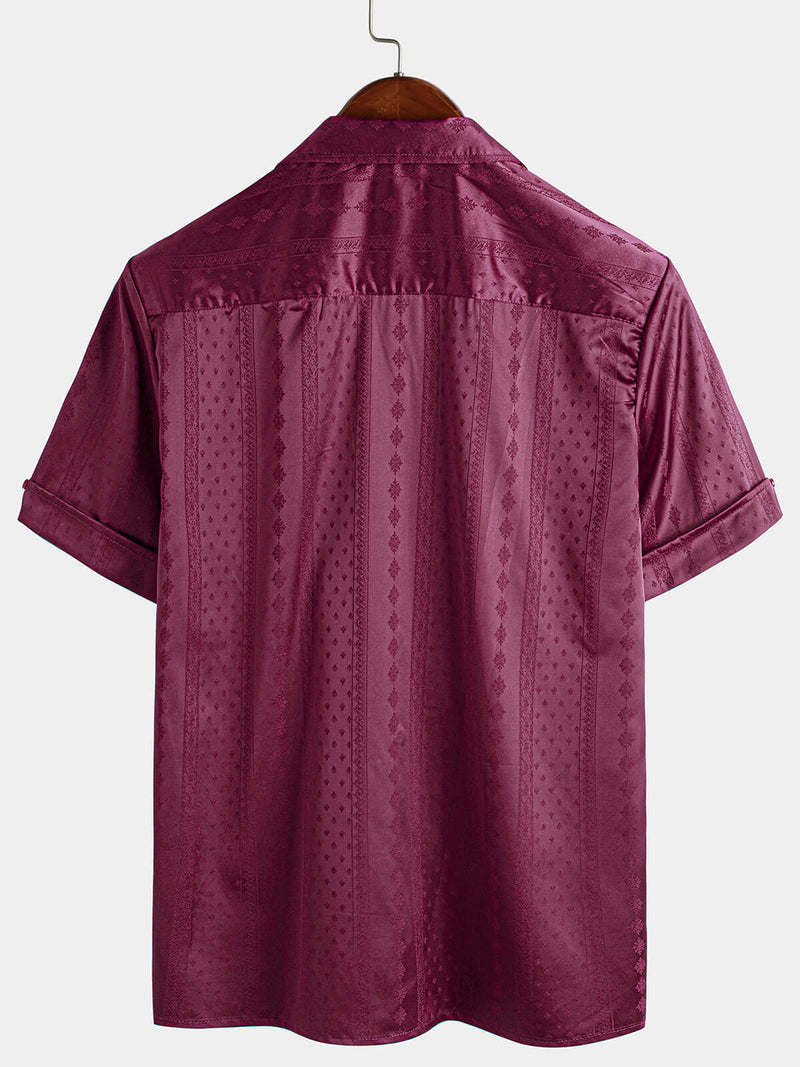 Men's Camp Hawaiian Beach Pocket Jacquard Button Up Short Sleeve Summer Cuban Collar Shirt