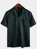 Men's Camp Hawaiian Beach Pocket Jacquard Button Up Short Sleeve Summer Cuban Collar Shirt