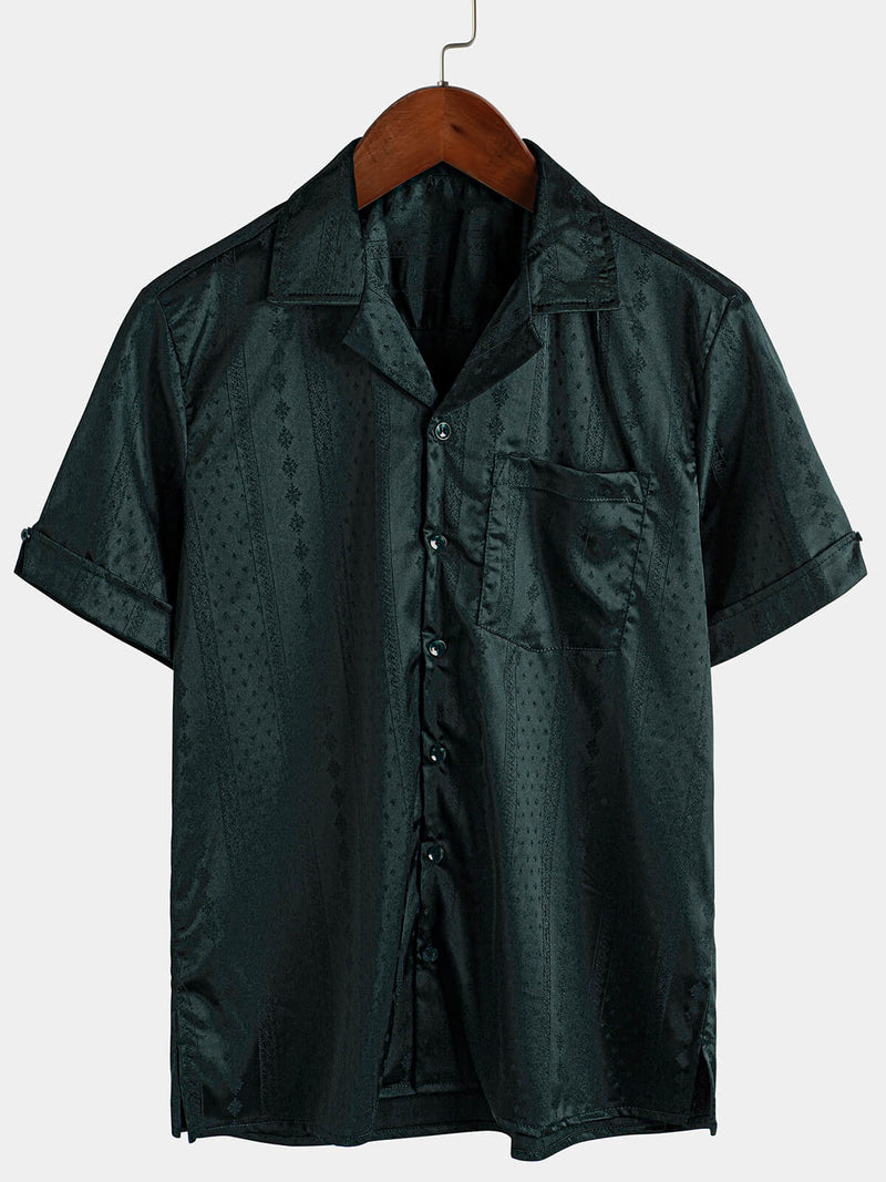 Men's Camp Hawaiian Beach Pocket Jacquard Button Up Short Sleeve Summer Cuban Collar Shirt