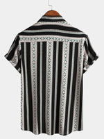 Men's Vintage Black Striped Short Sleeve 70s Aztec Print Western Button Up Shirt