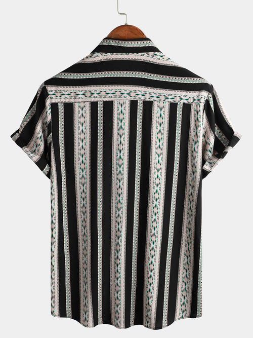 Men's Vintage Black Striped Short Sleeve 70s Aztec Print Western Button Up Shirt