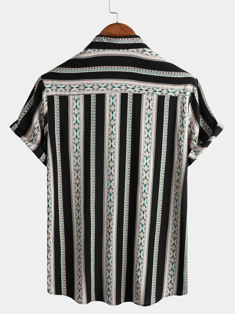 Men's Vintage Black Striped Short Sleeve 70s Aztec Print Western Button Up Shirt