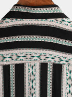 Men's Vintage Black Striped Short Sleeve 70s Aztec Print Western Button Up Shirt