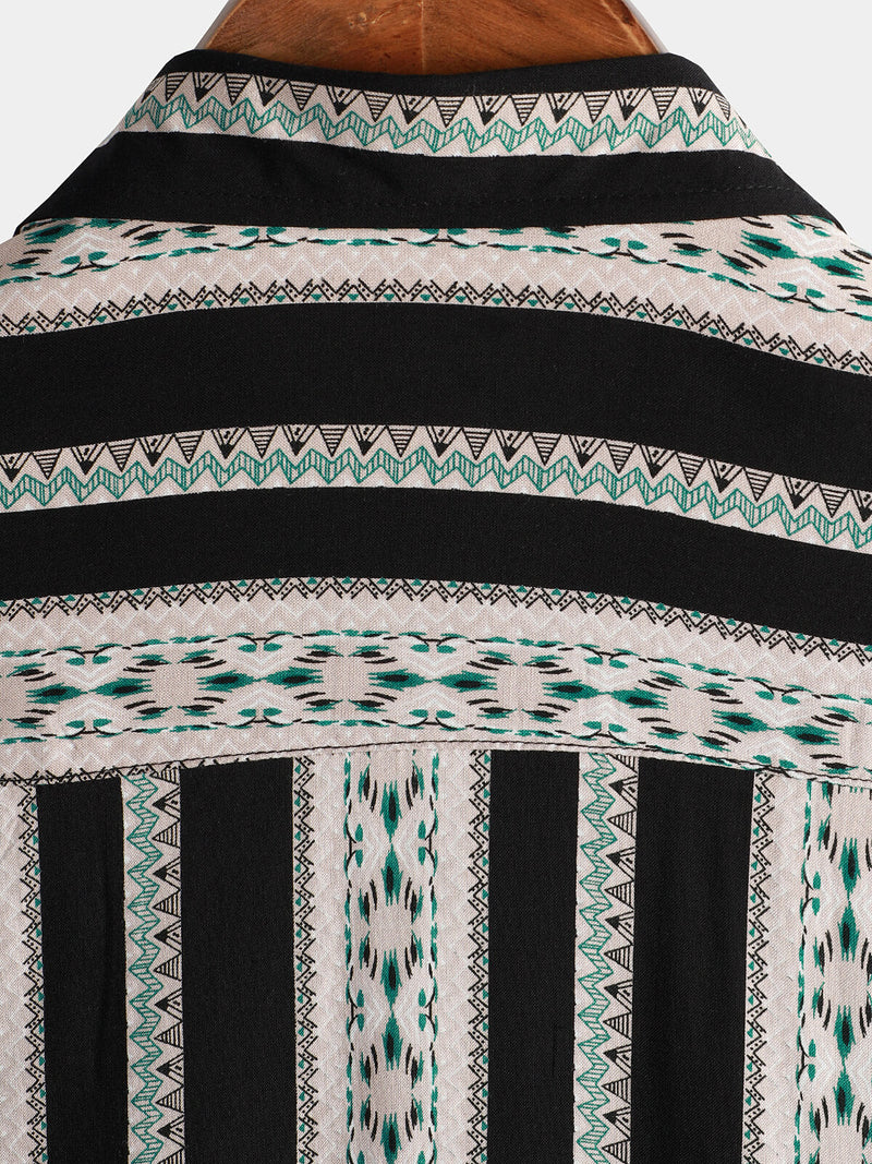 Men's Vintage Black Striped Short Sleeve 70s Aztec Print Western Button Up Shirt