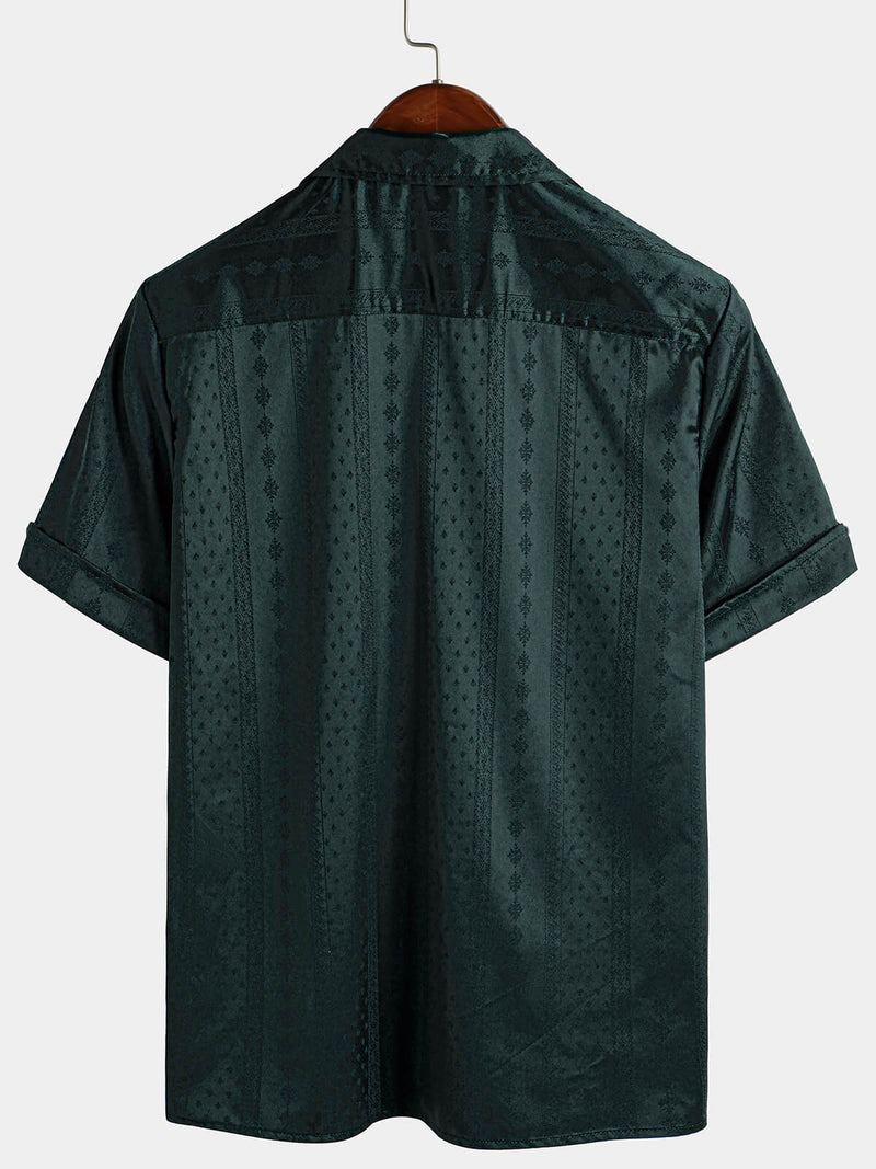 Men's Camp Hawaiian Beach Pocket Jacquard Button Up Short Sleeve Summer Cuban Collar Shirt