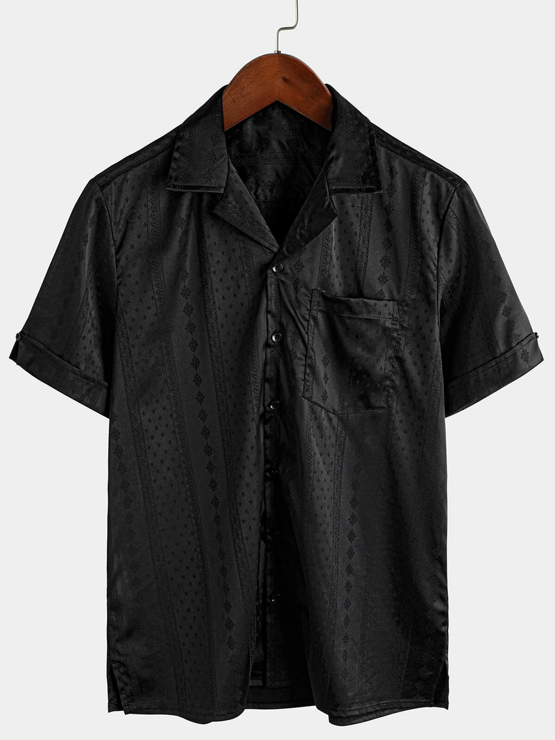 Men's Jacquard Camp Button Hawaiian Beach Short Sleeve Summer Cuban Collar Shirt