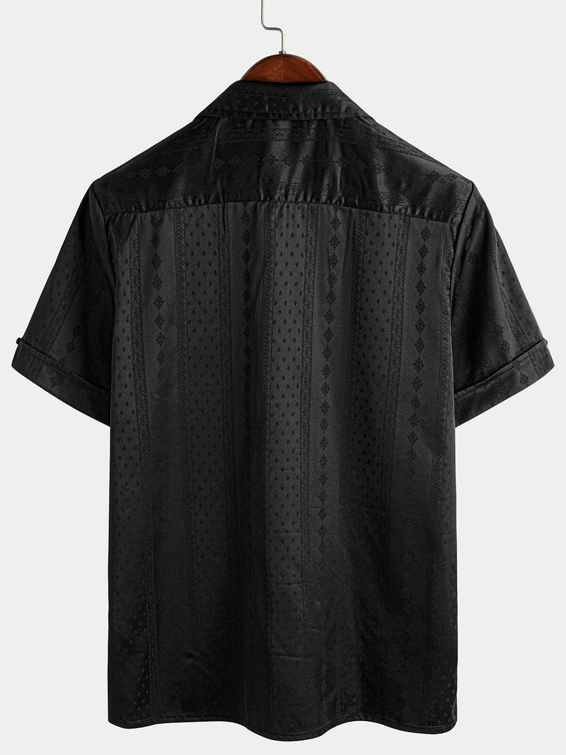 Men's Jacquard Camp Button Hawaiian Beach Short Sleeve Summer Cuban Collar Shirt