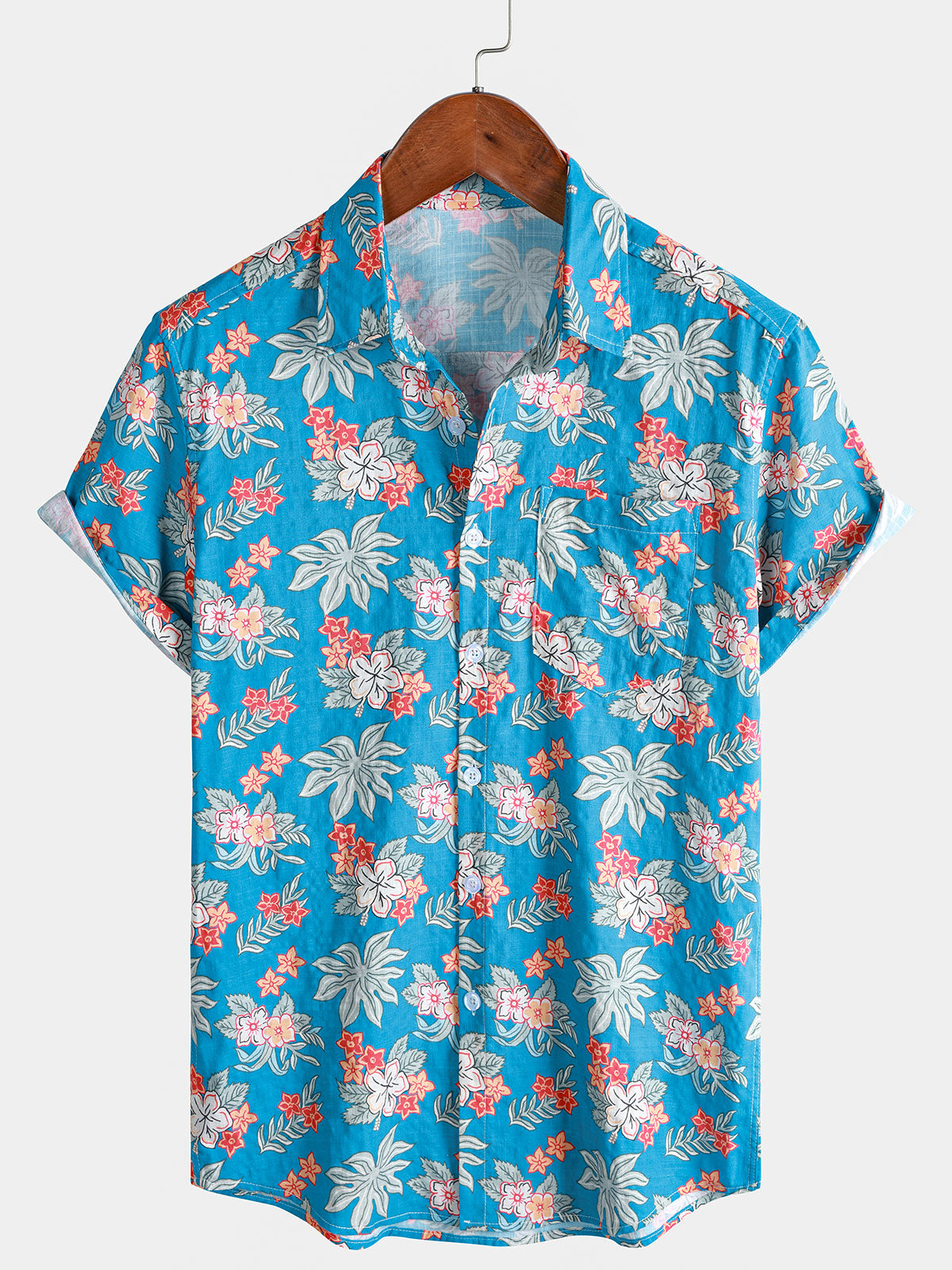 Men's Blue Tropical Floral Print Casual Beach Short Sleeve Shirt