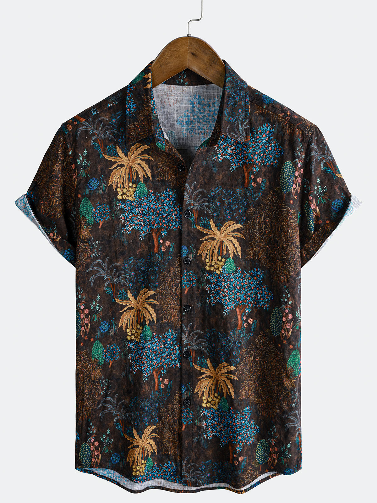Men's Brown Tropical Tree Print Bohemian Resort Short Sleeve Shirt