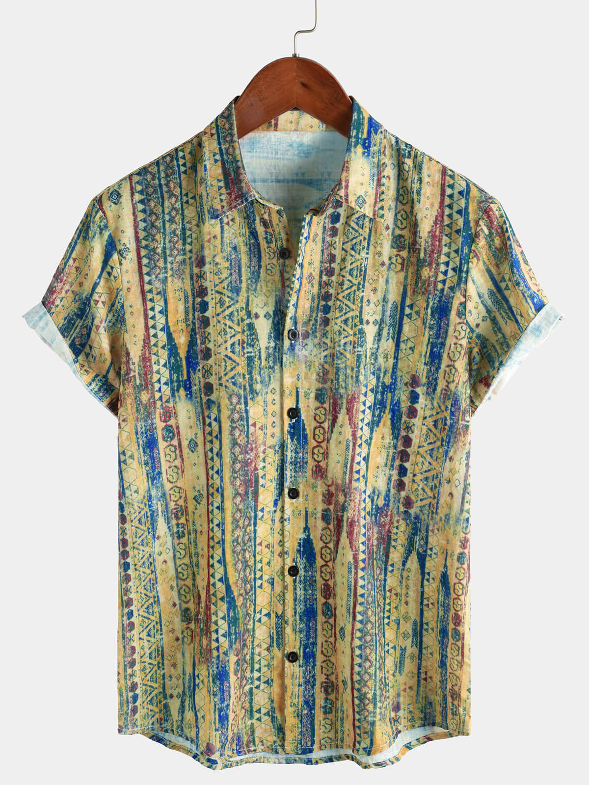 Men's Retro Striped Yellow Button Up Short Sleeve Shirt