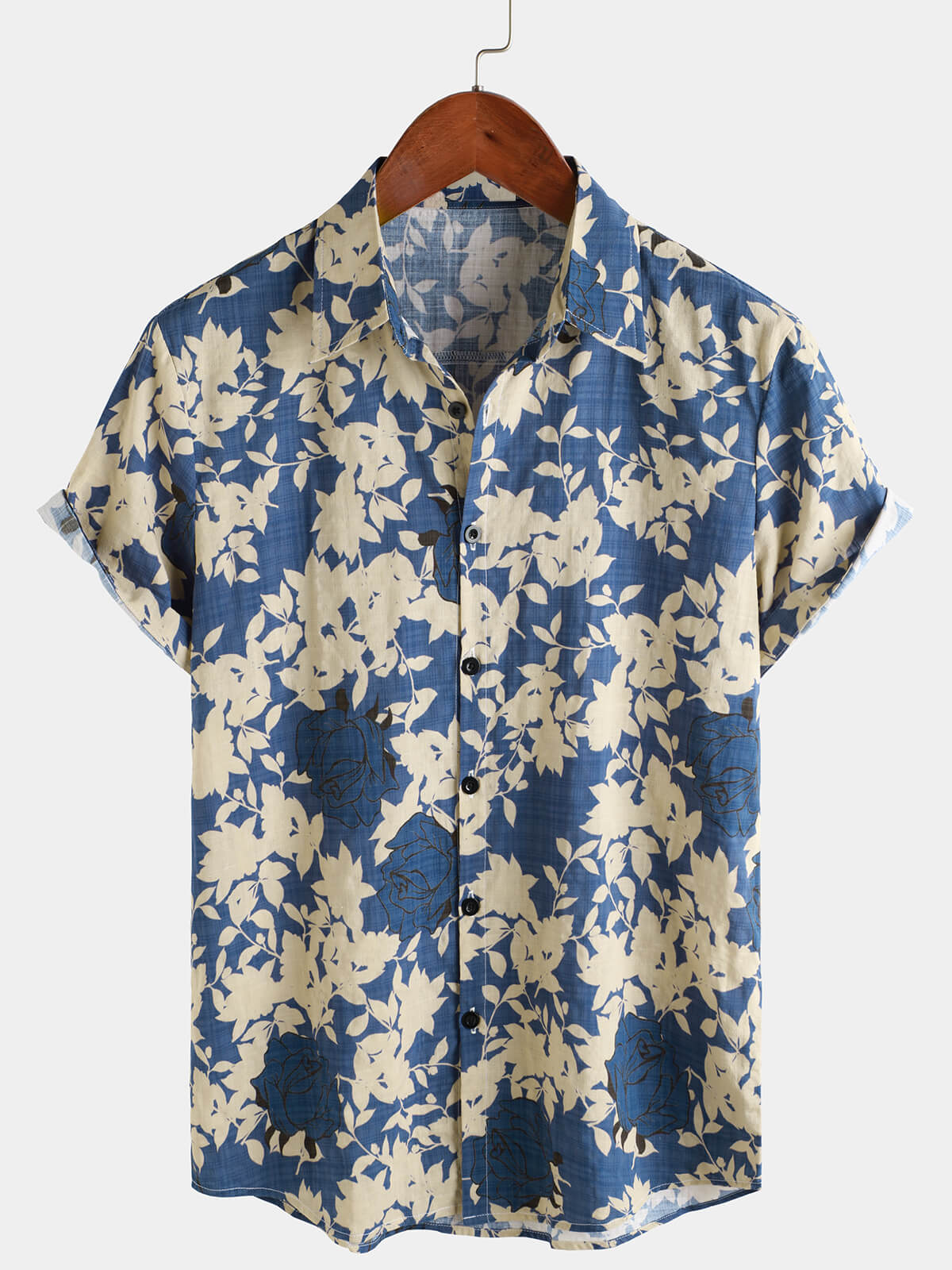 Men's Vintage Floral Blue Casual Beach Short Sleeve Shirt