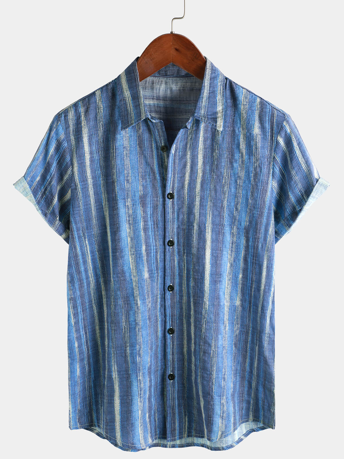 Men's Retro Blue Striped Holiday Short Sleeve Shirt