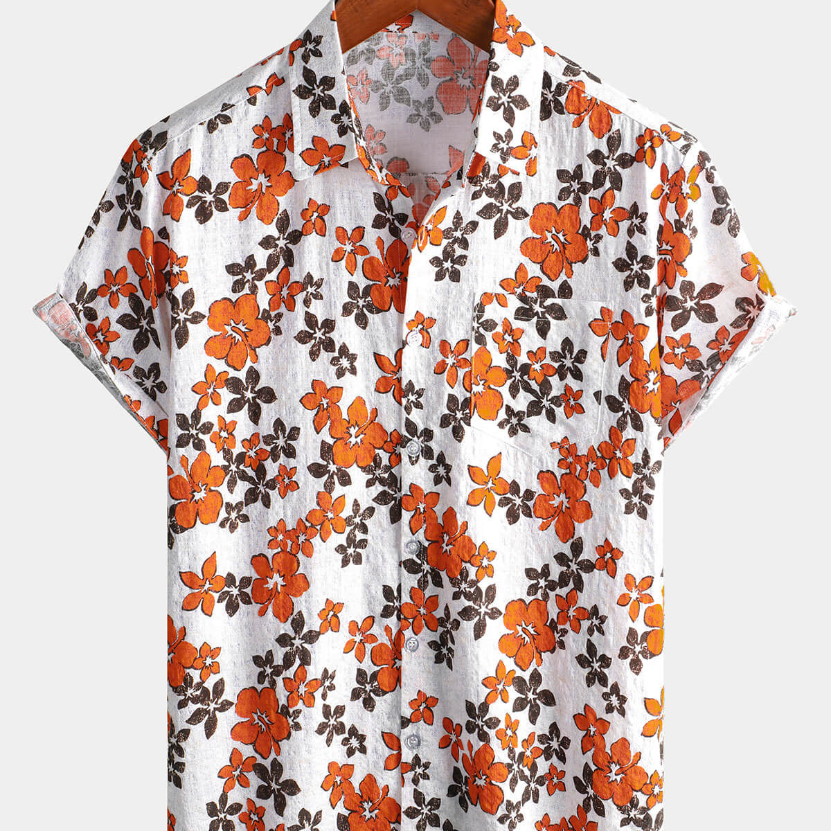 Men's Floral Orange Flower Hawaiian Short Sleeve Shirt