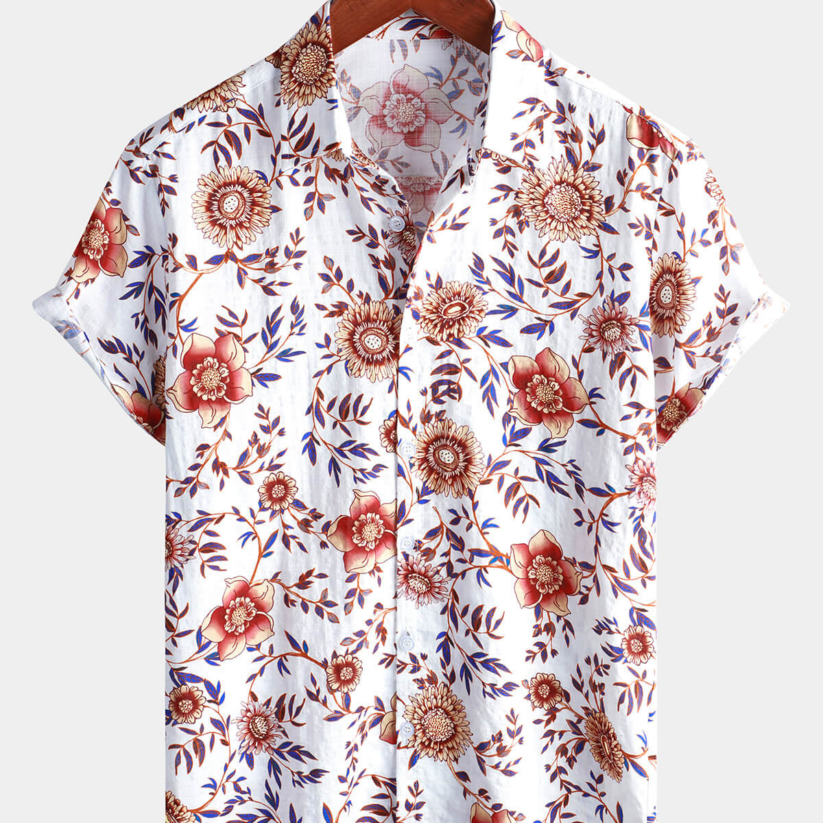 Men's Floral White Summer Beach Short Sleeve Shirt