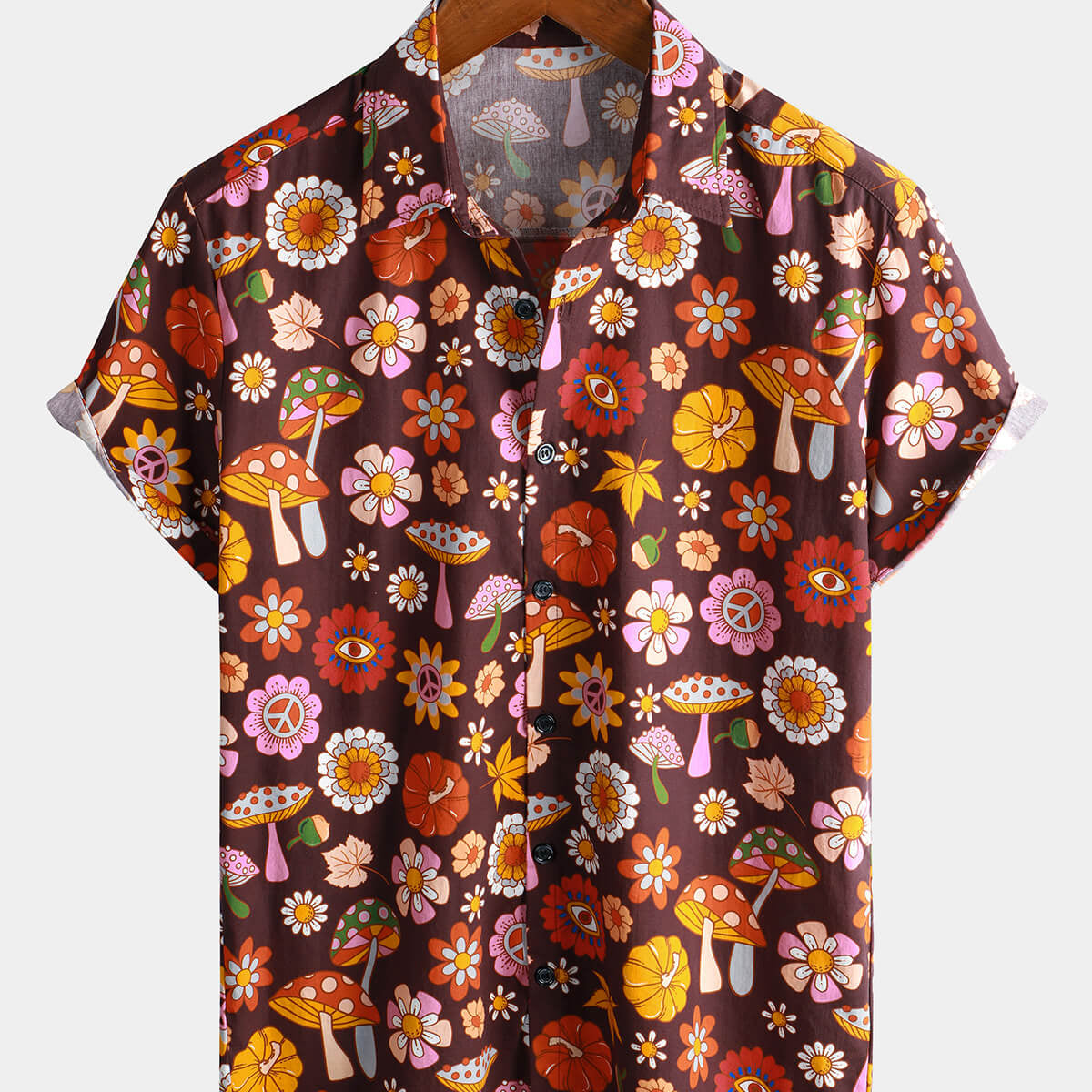 Men's Mushroom Floral Print Brown Short Sleeve Shirt