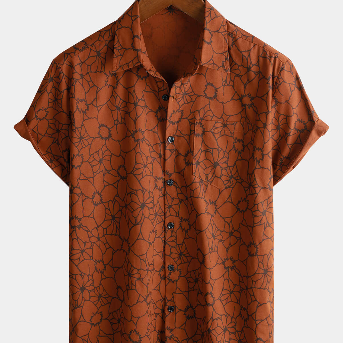Men's Floral Vintage Brown Cotton Linen Short Sleeve Shirt