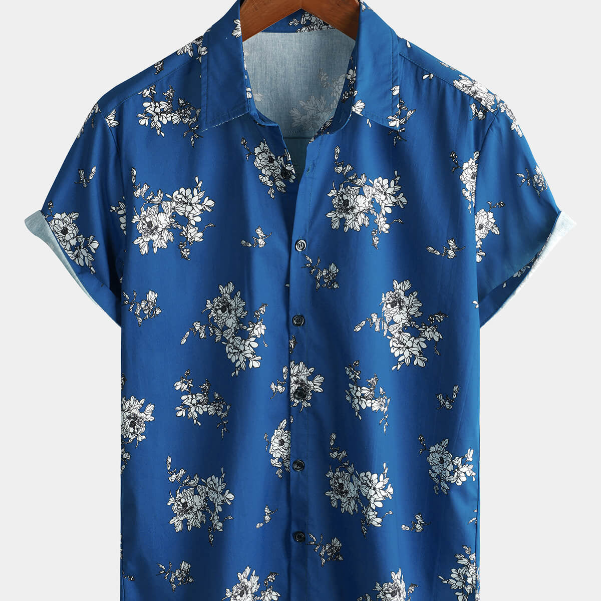 Men's Blue Floral Hawaiian Flower Print Short Sleeve Shirt