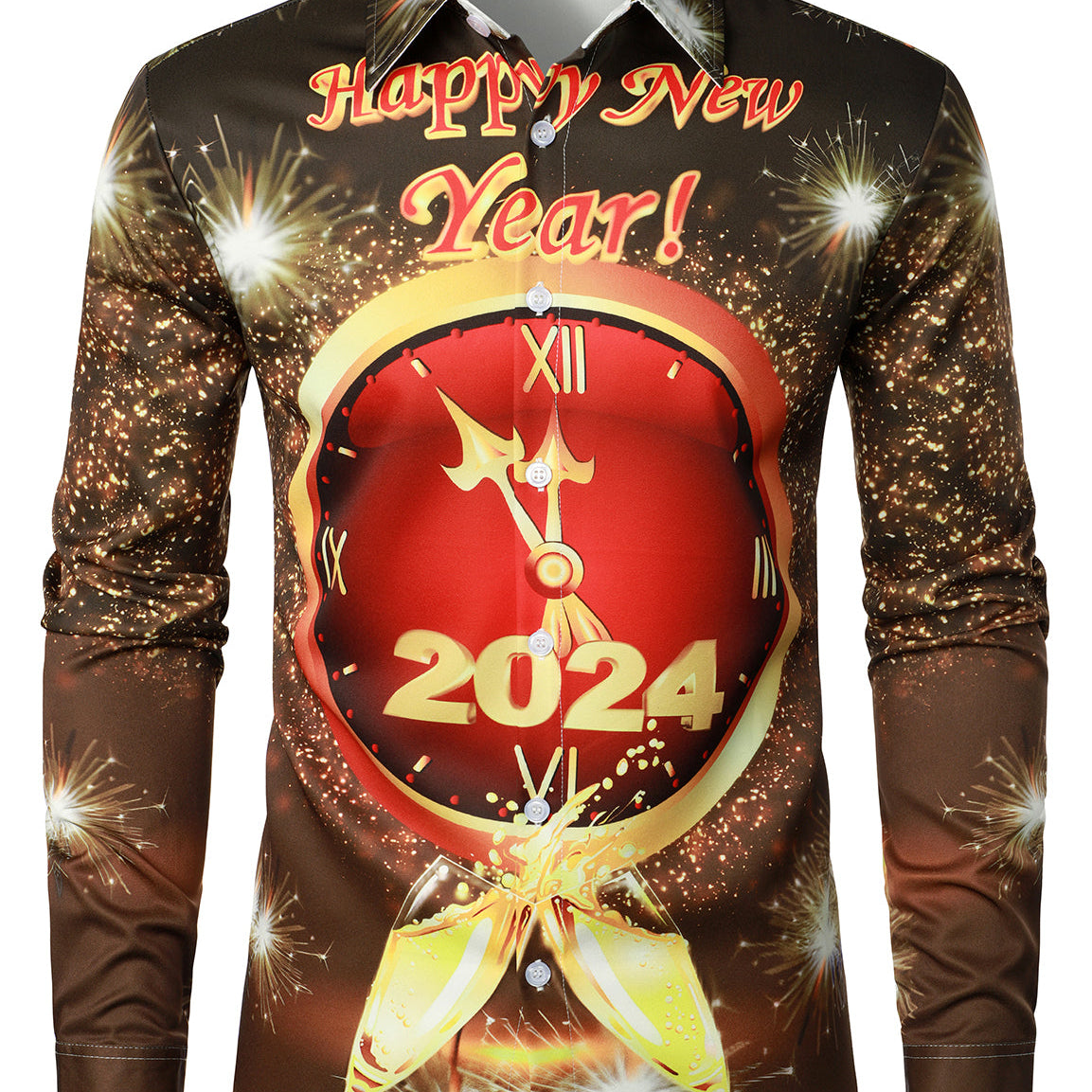 Men's Happy New Year Eve Funny Countdown Clock 2024 Button Up Long Sleeve Shirt