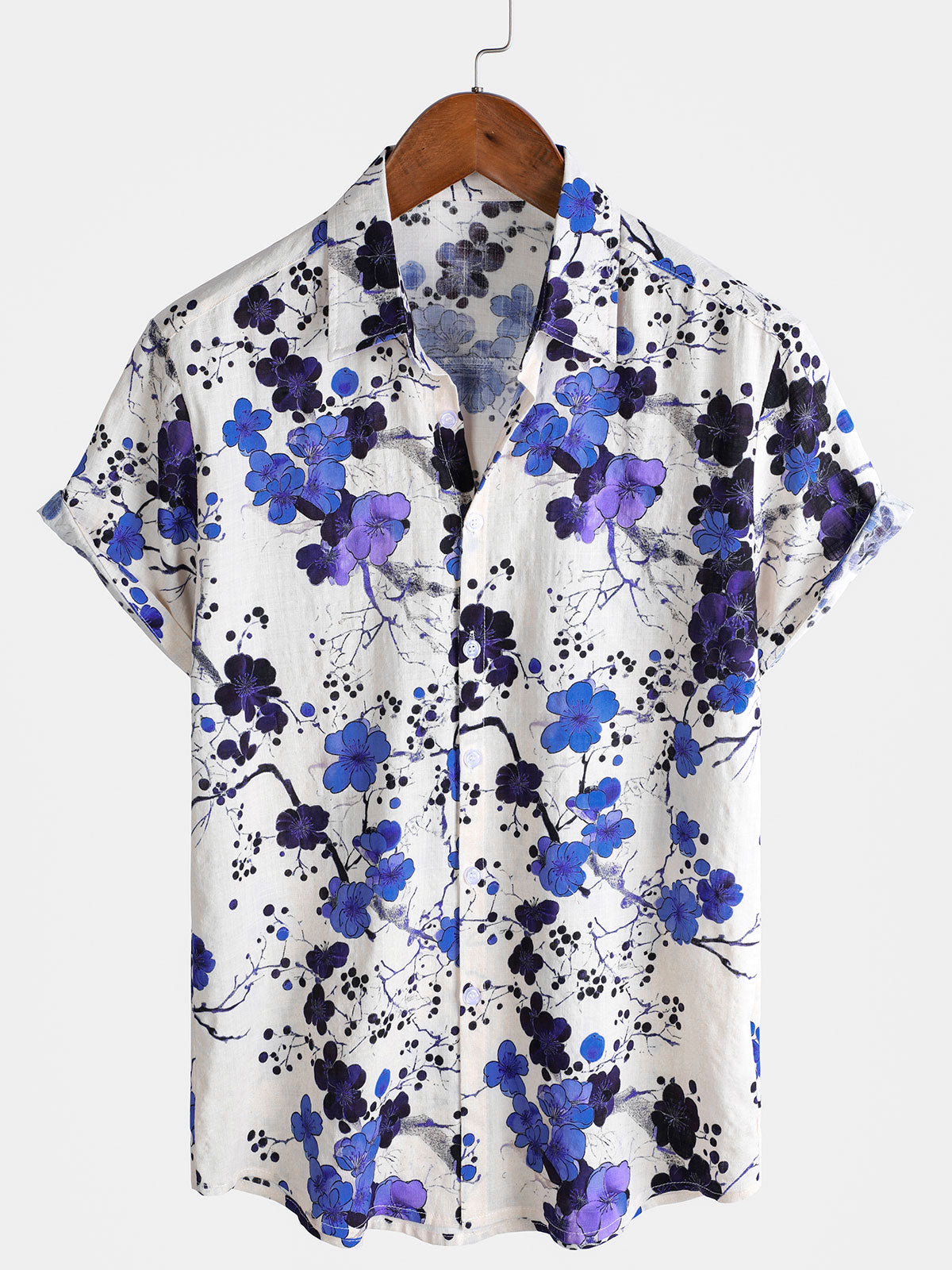 Men's Retro Blue Blossom Summer Holiday Short Sleeve Shirt