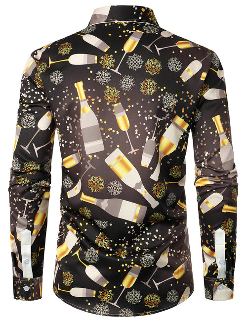 Men's Happy New Year Eve Funny Champagne Celebration Disco Button Up Long Sleeve Shirt