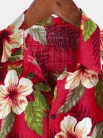 Men's Red Hawaiian Summer Tropical Floral Print Button Up Short Sleeve Shirt