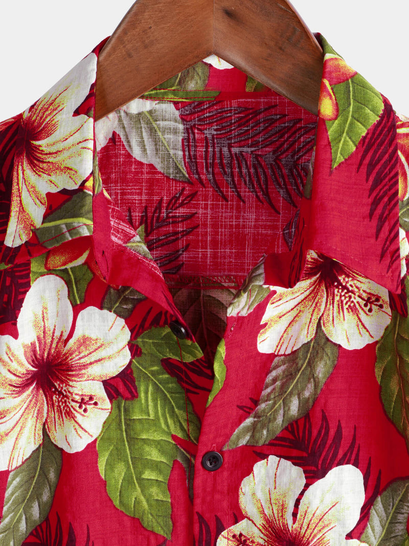 Men's Red Hawaiian Summer Tropical Floral Print Button Up Short Sleeve Shirt