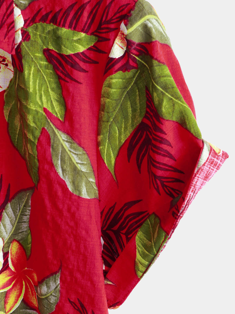 Men's Red Hawaiian Summer Tropical Floral Print Button Up Short Sleeve Shirt