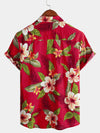 Men's Red Hawaiian Summer Tropical Floral Print Button Up Short Sleeve Shirt