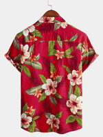 Men's Red Hawaiian Summer Tropical Floral Print Button Up Short Sleeve Shirt