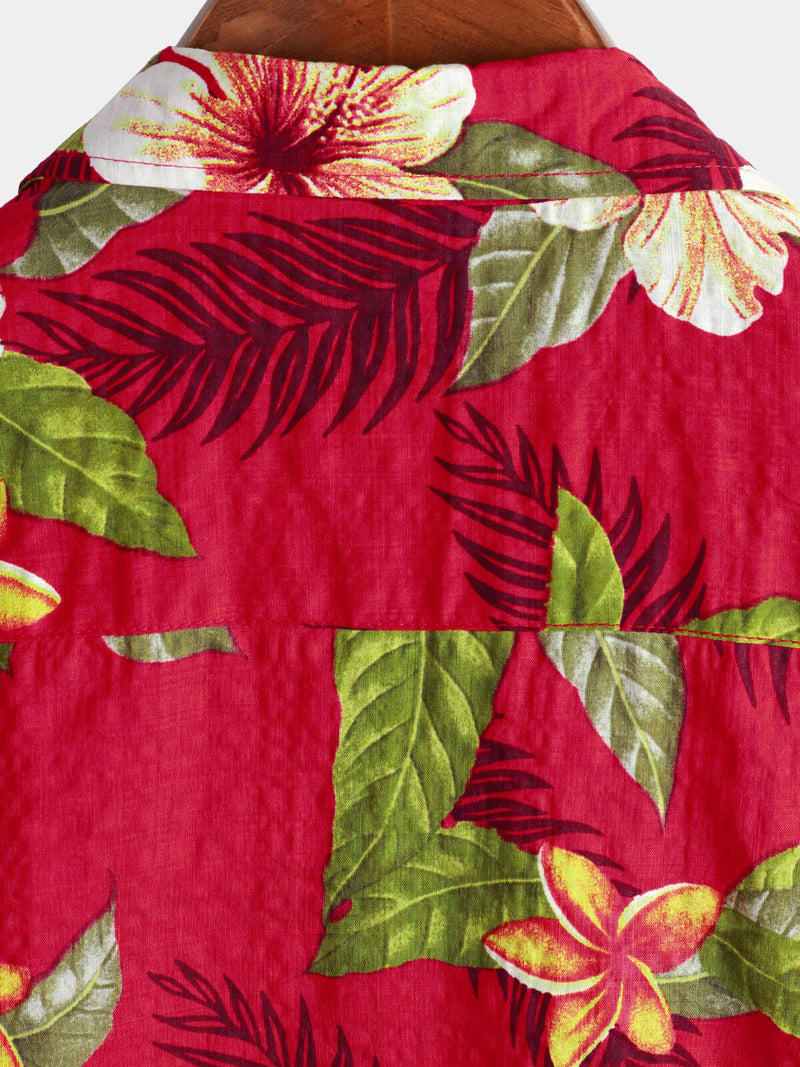 Men's Red Hawaiian Summer Tropical Floral Print Button Up Short Sleeve Shirt