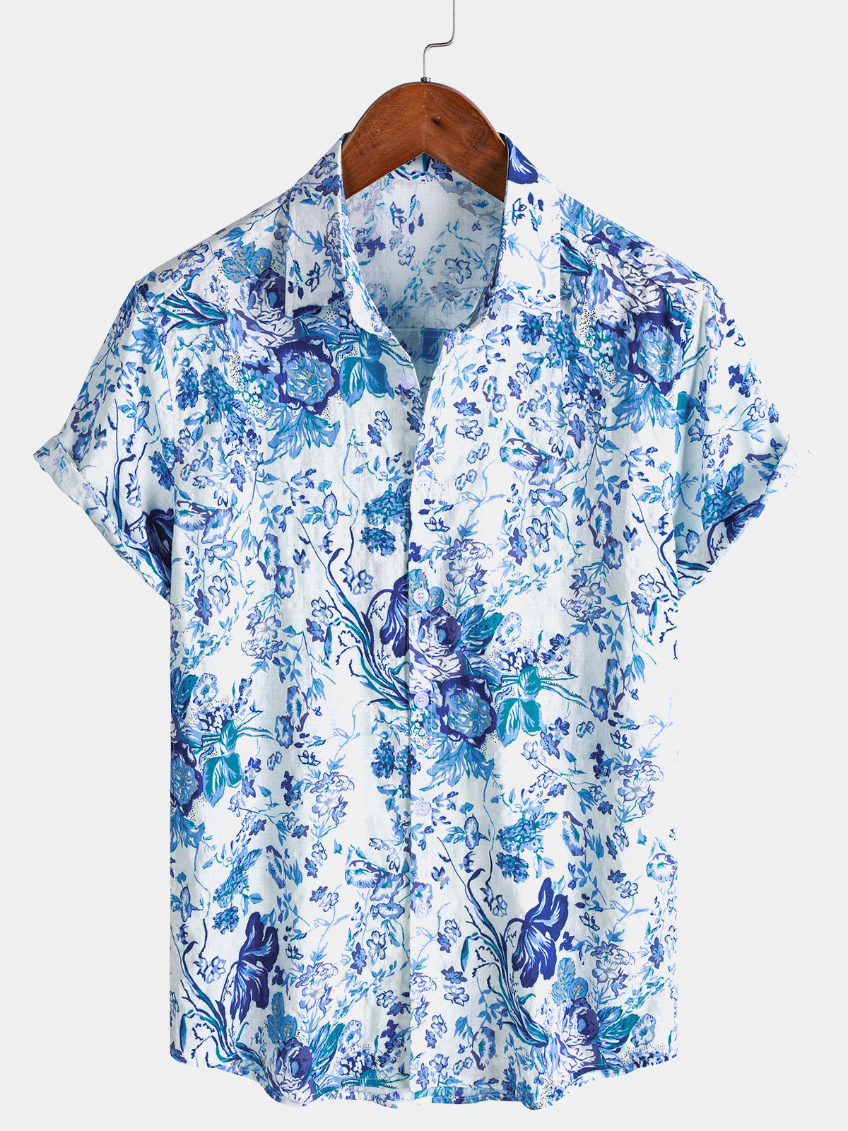 Men’s Casual Vintage Botanical Print Cotton Breathable Resort Holiday Short Sleeve Shirt