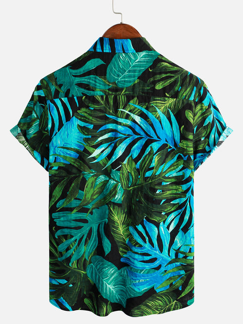 Men's Black Beach Summer Hawaiian Holiday Tropical Button Up Short Sleeve Shirt