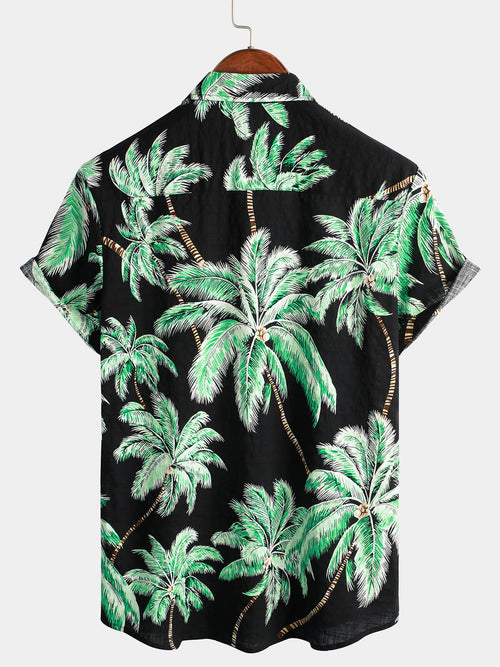Men's Palm Tree Beach Summer Black Hawaiian Holiday Tropical Button Up Short Sleeve Shirt