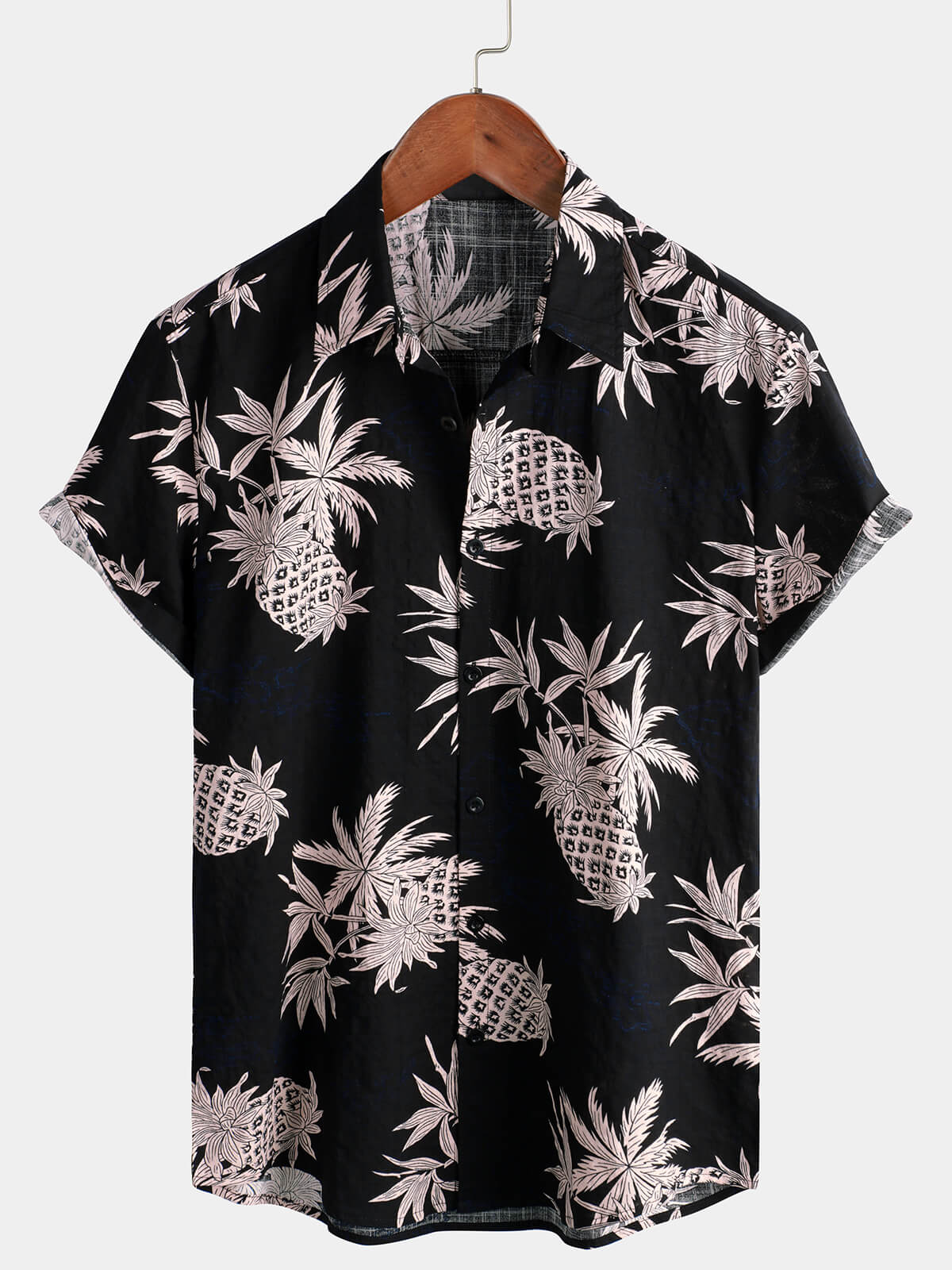 Men's Cotton Pineapple Print Black Hawaiian Beach Button Up Short Sleeve Shirt