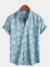 Men's Palm Tree Print Cotton Tropical Summer Blue Beach Short Sleeve Button Up Hawaiian Shirt
