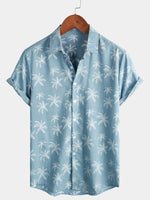 Men's Palm Tree Print Cotton Tropical Summer Blue Beach Short Sleeve Button Up Hawaiian Shirt