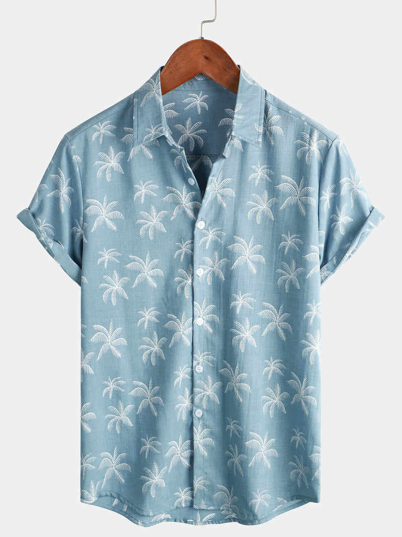 Men's Palm Tree Print Cotton Tropical Summer Blue Beach Short Sleeve Button Up Hawaiian Shirt