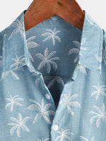 Men's Palm Tree Print Cotton Tropical Summer Blue Beach Short Sleeve Button Up Hawaiian Shirt