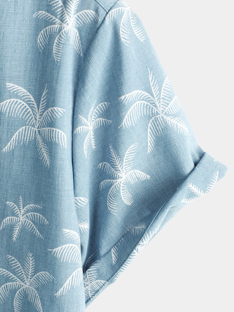Men's Palm Tree Print Cotton Tropical Summer Blue Beach Short Sleeve Button Up Hawaiian Shirt