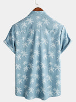 Men's Palm Tree Print Cotton Tropical Summer Blue Beach Short Sleeve Button Up Hawaiian Shirt