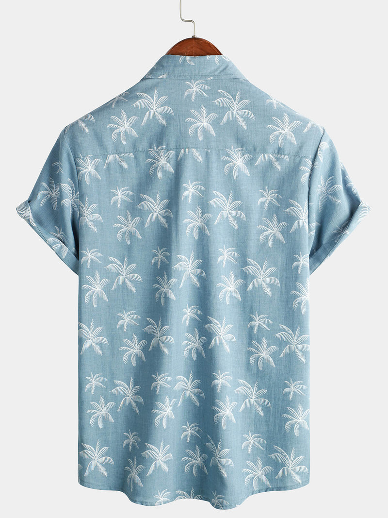 Men's Palm Tree Print Cotton Tropical Summer Blue Beach Short Sleeve Button Up Hawaiian Shirt