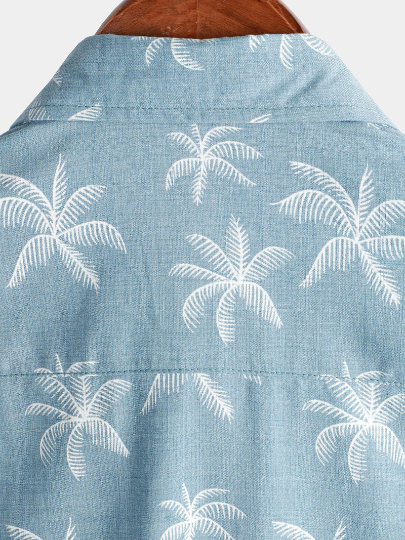 Men's Palm Tree Print Cotton Tropical Summer Blue Beach Short Sleeve Button Up Hawaiian Shirt