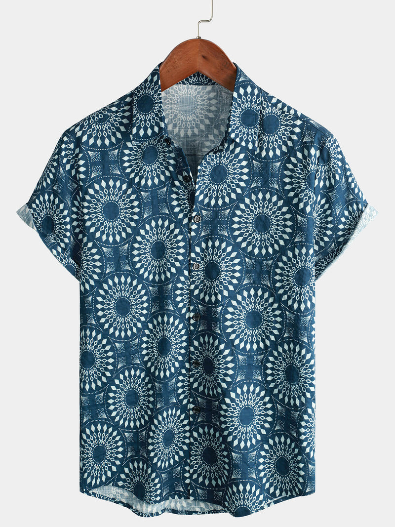Men's Cotton 70s Leisure Vintage Blue Retro Resort Summer Beach Short Sleeve Button Up Shirt