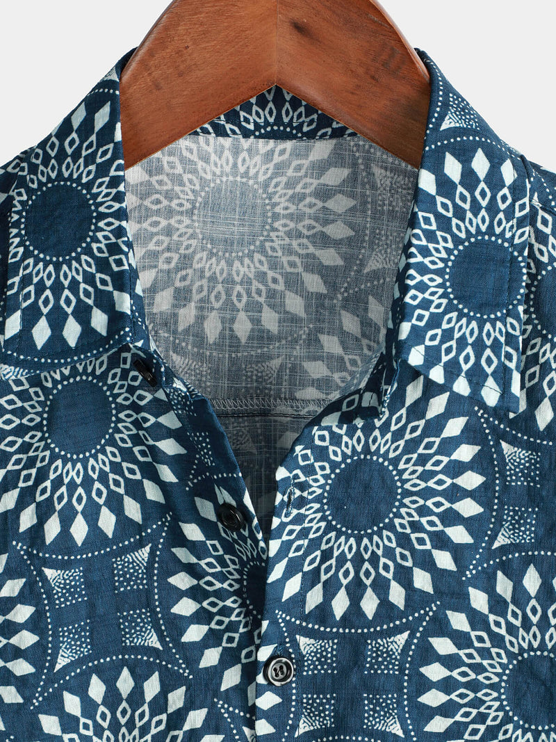 Men's Cotton 70s Leisure Vintage Blue Retro Resort Summer Beach Short Sleeve Button Up Shirt
