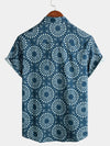 Men's Cotton 70s Leisure Vintage Blue Retro Resort Summer Beach Short Sleeve Button Up Shirt