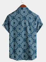 Men's Cotton 70s Leisure Vintage Blue Retro Resort Summer Beach Short Sleeve Button Up Shirt