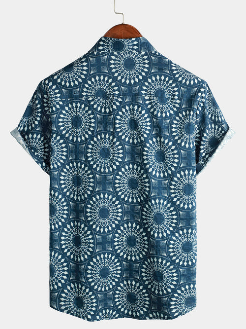 Men's Cotton 70s Leisure Vintage Blue Retro Resort Summer Beach Short Sleeve Button Up Shirt